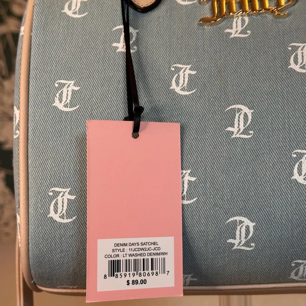 Juicy Couture Gray and Cream Satchel with Strawberry Charm and Gold Chain NWT